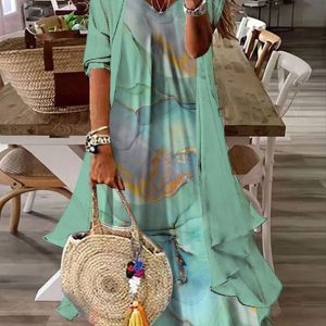 Anecms 2PCS V Neck Gradient Vacation Sleeveless Dress with Cardigan