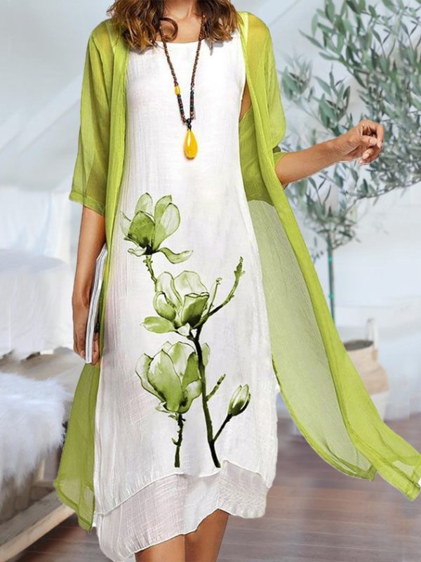 Anecms Round Neck Two Piece Floral Linen Casual Midi Dresses